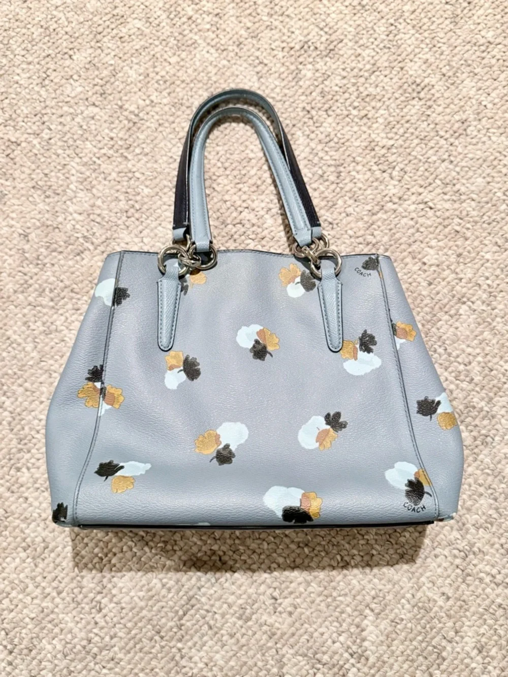 Coach Gray Blue Floral Print Structured Satchel Handbag